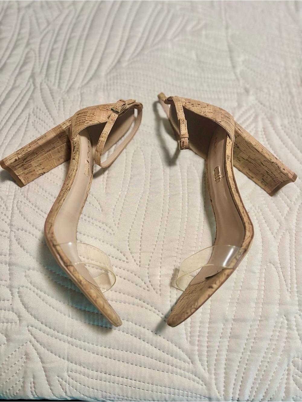 Aldo Cork Block Heel Ankle Strap Sandals in Nude